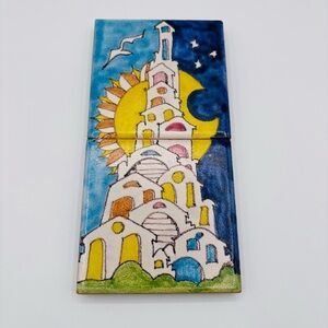 Hand Painted Ceramic Tile Tower Sun Moon Night Sky Glazed Artistic Wall Hanging